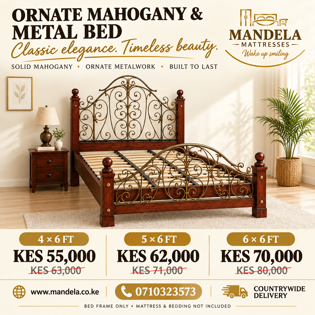 Ornate mahogany and metal bed price poster with 4 by 6 at KES 55,000, 5 by 6 at KES 62,000 and 6 by 6 at KES 70,000