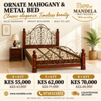 Ornate mahogany and metal bed price poster with 4 by 6 at KES 55,000, 5 by 6 at KES 62,000 and 6 by 6 at KES 70,000