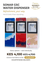 Sonar G5C hot and cold dispenser poster showing KES 4100 per unit