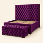 Eden purple tufted solid mahogany bed with matching bench in a studio