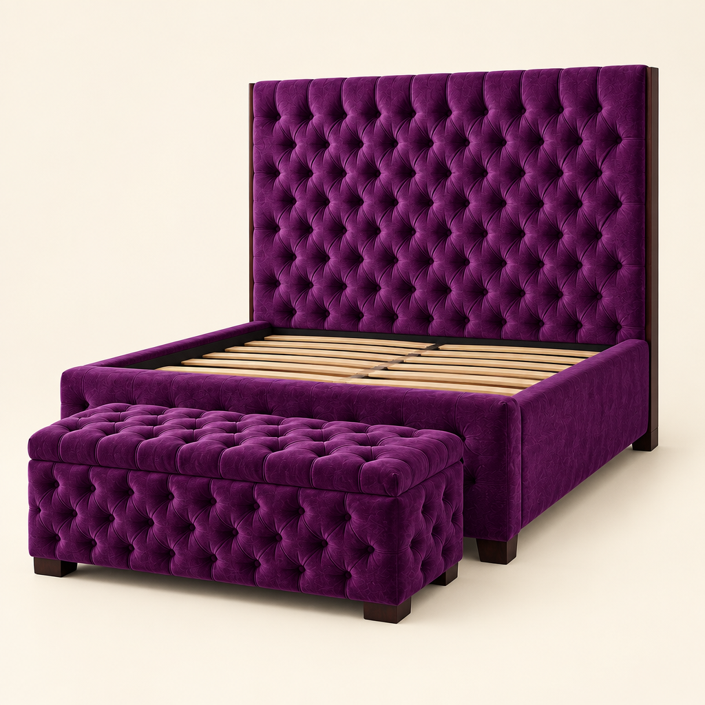 Eden purple tufted solid mahogany bed with matching bench in a studio