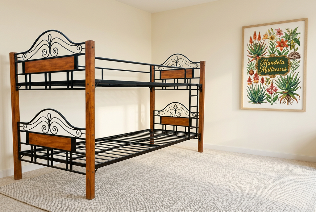 Wood and black steel double-decker bed in an ivory room with botanical artwork