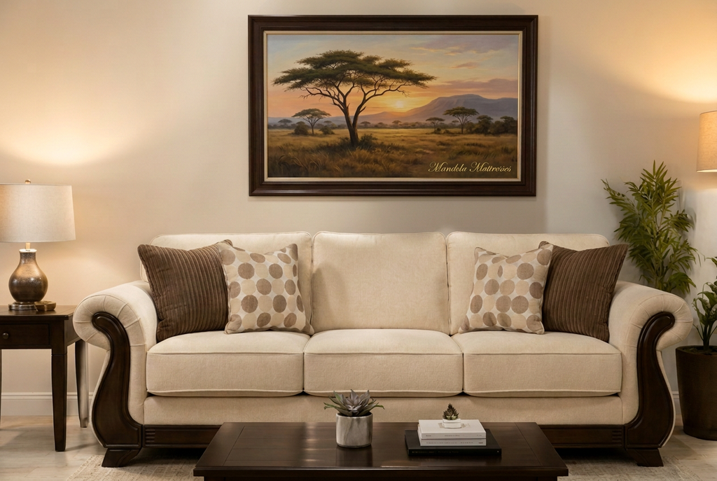Three-seater Classic Rolled-Arm sofa in a warm evening lounge