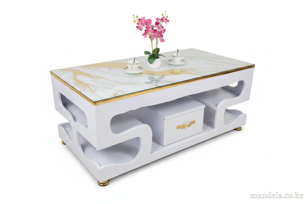 Executive White Coffee Table with Gold Marble Topping