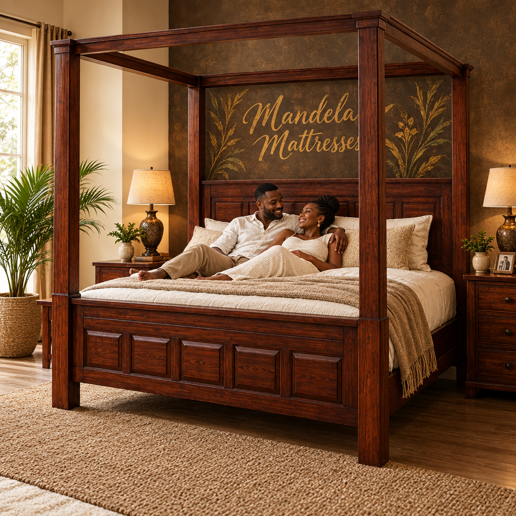 Kenyan couple enjoying Luxury Mahogany Canopy Bed