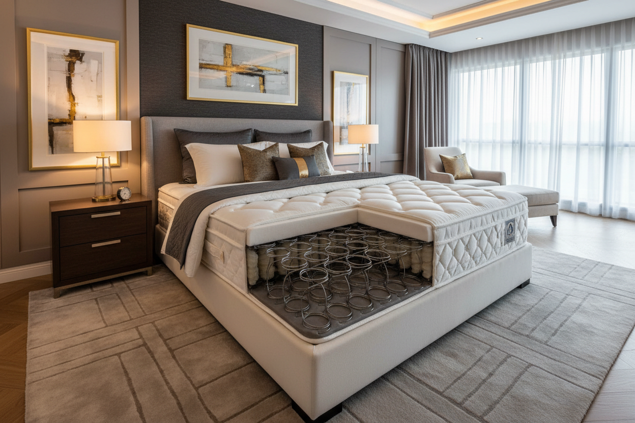 Luxurious bedroom with open coil pillowtop mattress