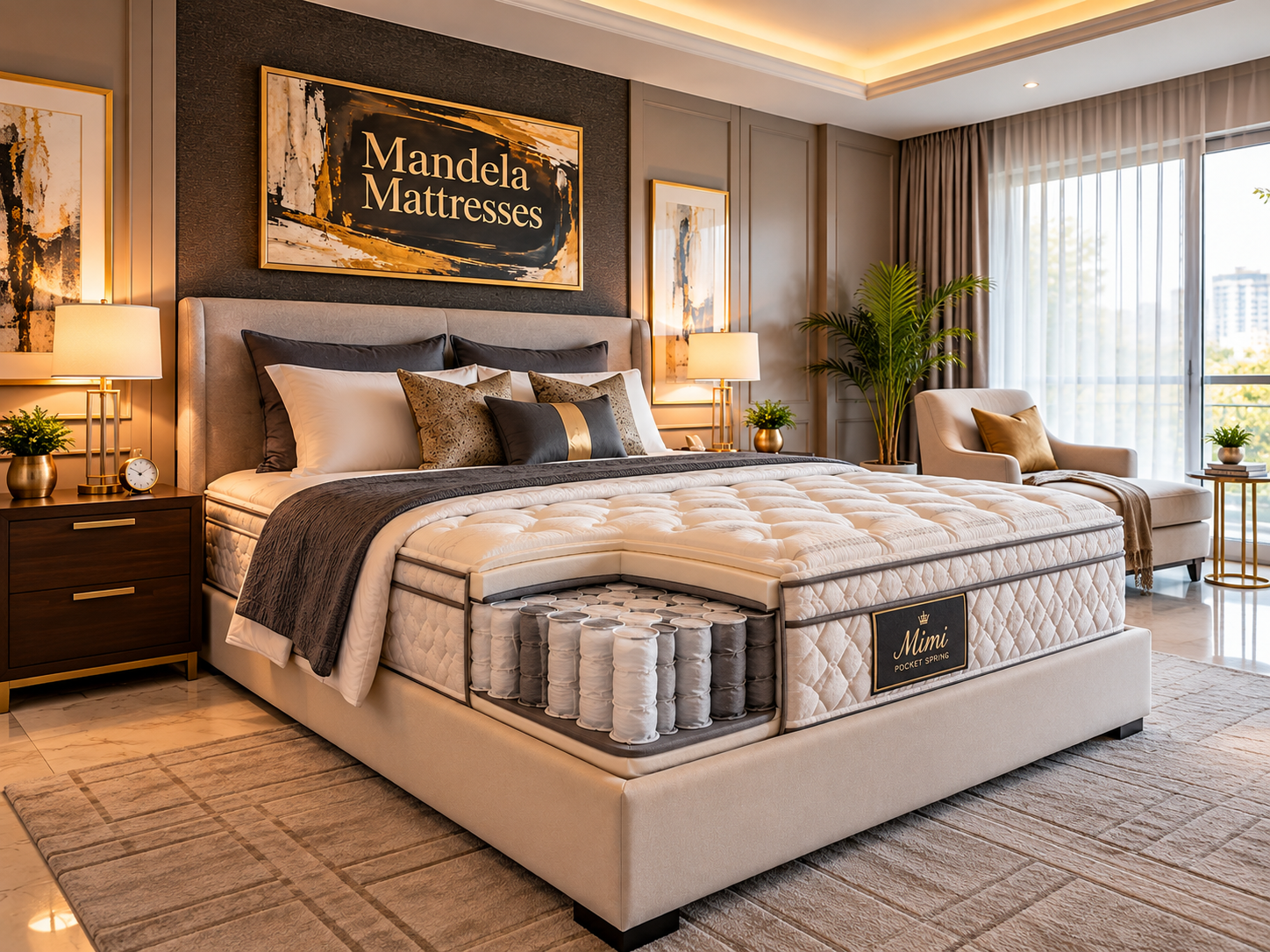 Full-room luxury bedroom lifestyle image for Mandela Mattresses Mimi pocket spring mattress, with wall branding and visible pocket coils