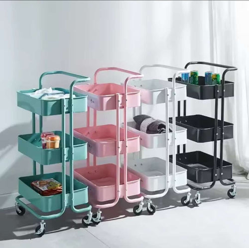 3-Tier Metallic Rolling Trolley Storage Rack