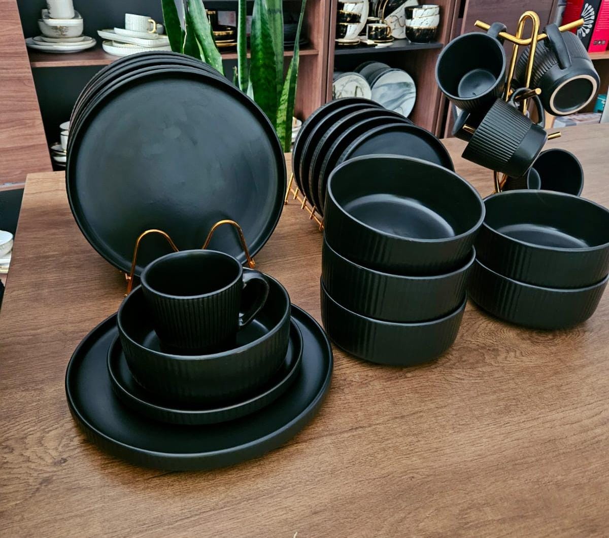 All Black Ribbed 24-Piece Ceramic Dinner Set