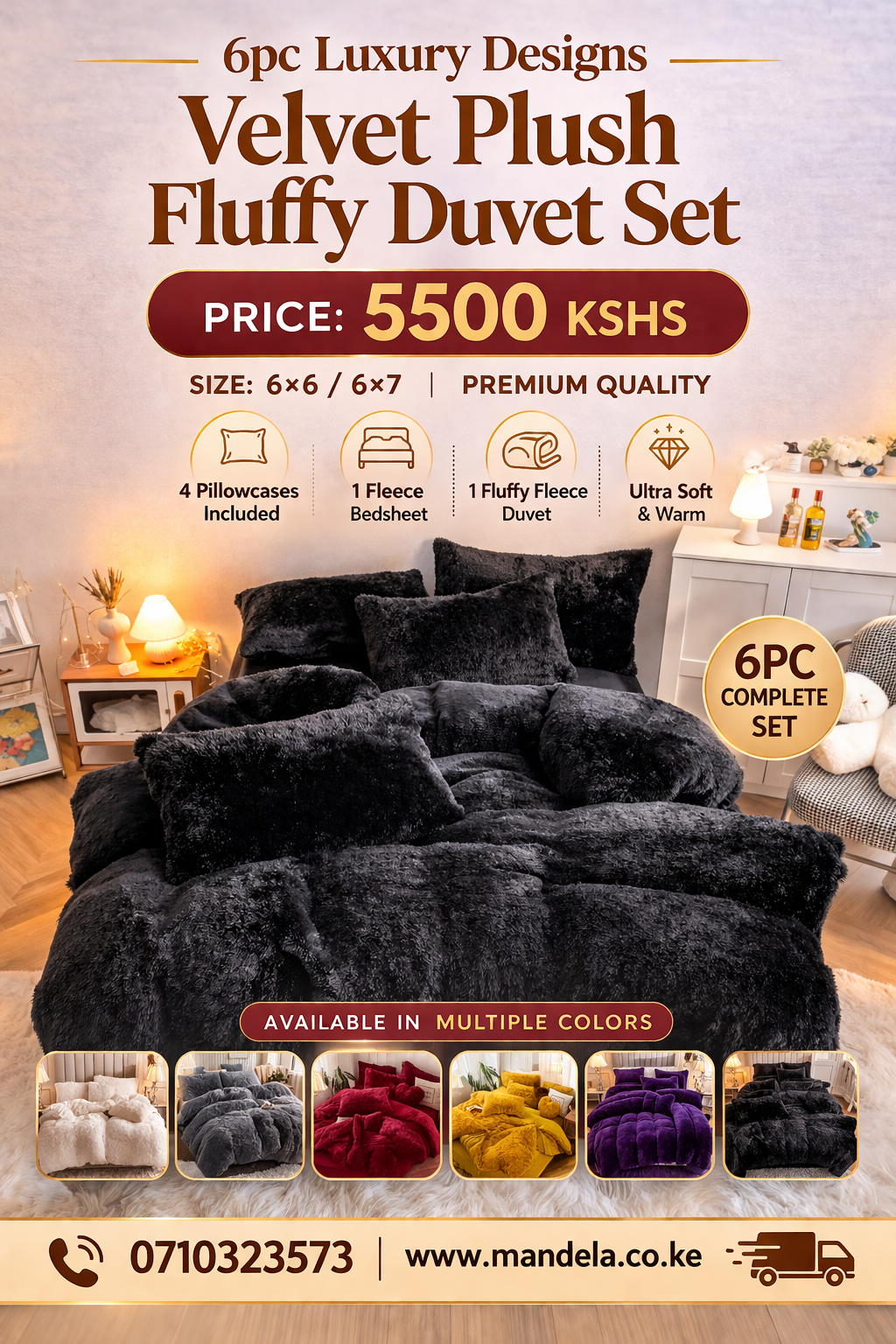 6pc Velvet Plush Fluffy Duvet Set – Sizes 6x6 / 6x7 | Ultra Soft & Warm | 6 Colors
