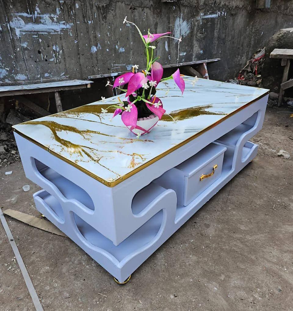 Executive White Coffee Table with Gold Marble Topping