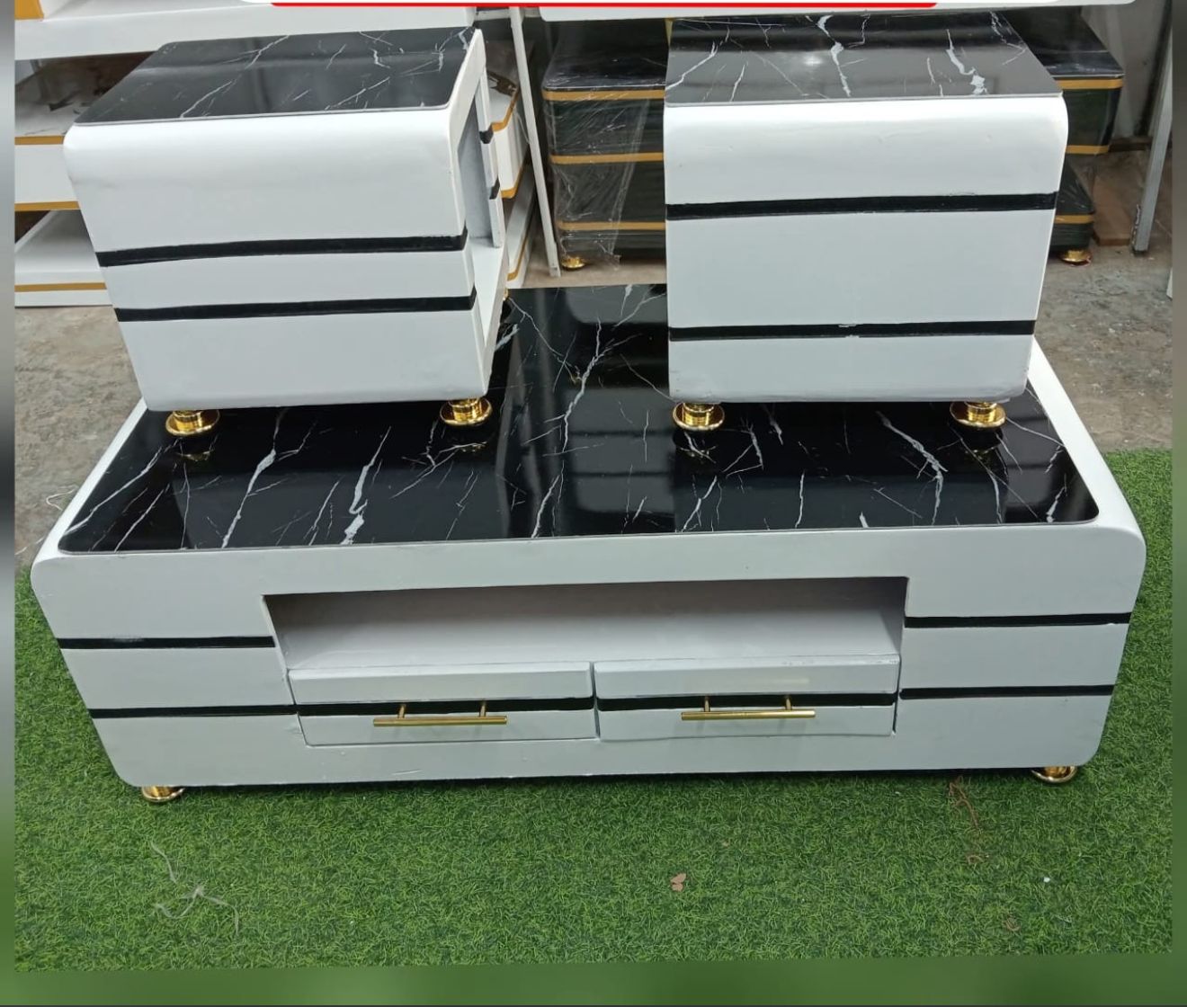 Marble Glass Top Coffee Table with 2 Stools – Available in Different Designs & Colours